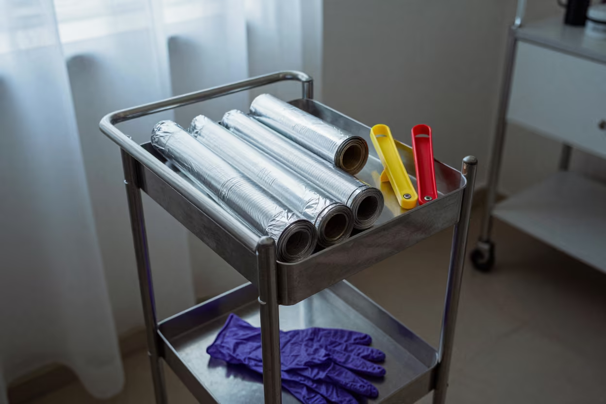 Hair Foil Cart With Clips And Gloves At Dawn in inside a skincare treatment room near Ouagadougou