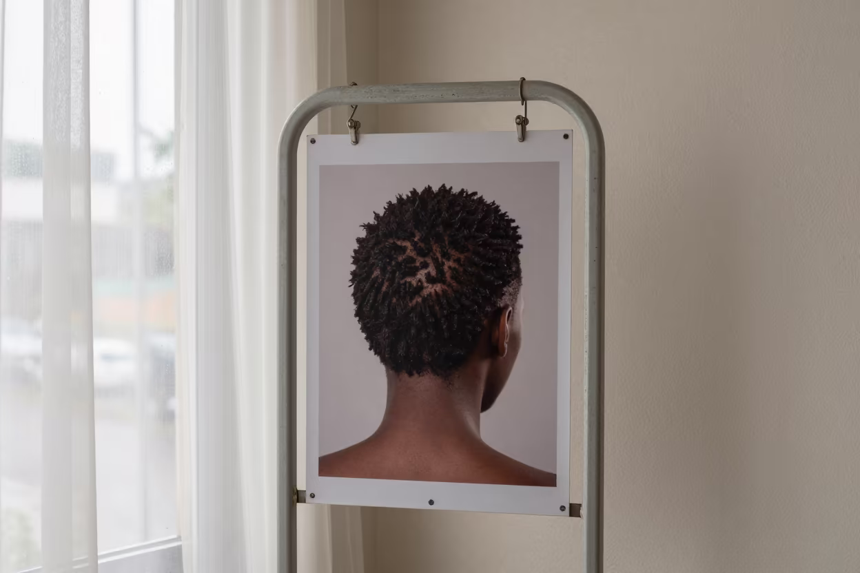 Hair Guide Poster Rack in Kisumu Monsoon Room in inside a skincare treatment room near Kisumu