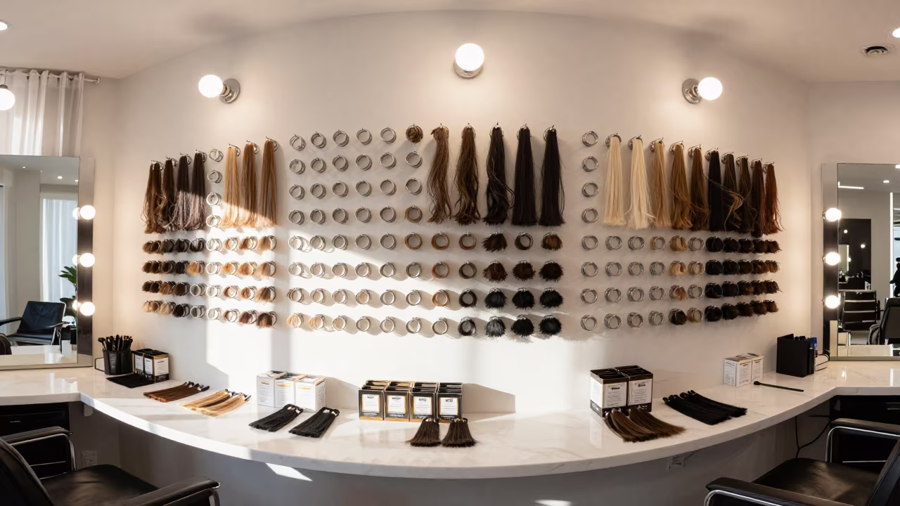 Hair Swatch Wall and Salon Station at Dawn in at a barber station beneath mirror bulbs near Milwaukee