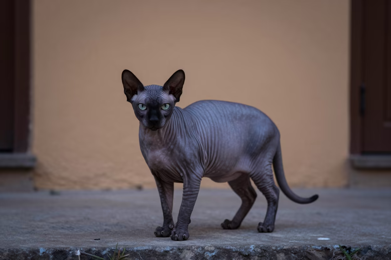 Hairless Donskoy Cat on Bogota Courtyard Porch in beside a plain courtyard wall in clear daylight with the animal at eye level in La Candelaria, Bogota