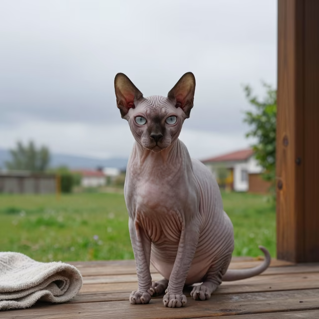 Hairless Donskoy Cat on Shaded Porch in Bursa in in a small yard with clipped grass, calm light, and the animal centered in frame in Bursa