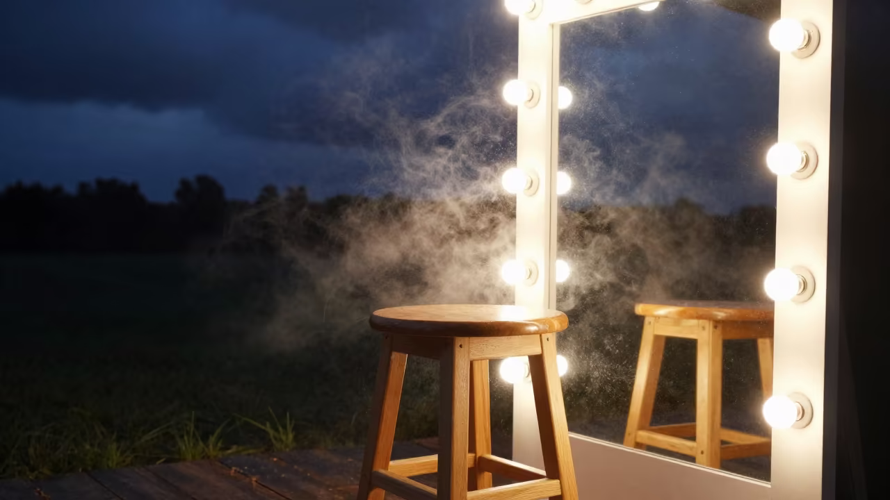 Hairspray Clouded Mirror Stool Kano Night in beside a mirror lined with makeup bulbs in Kano