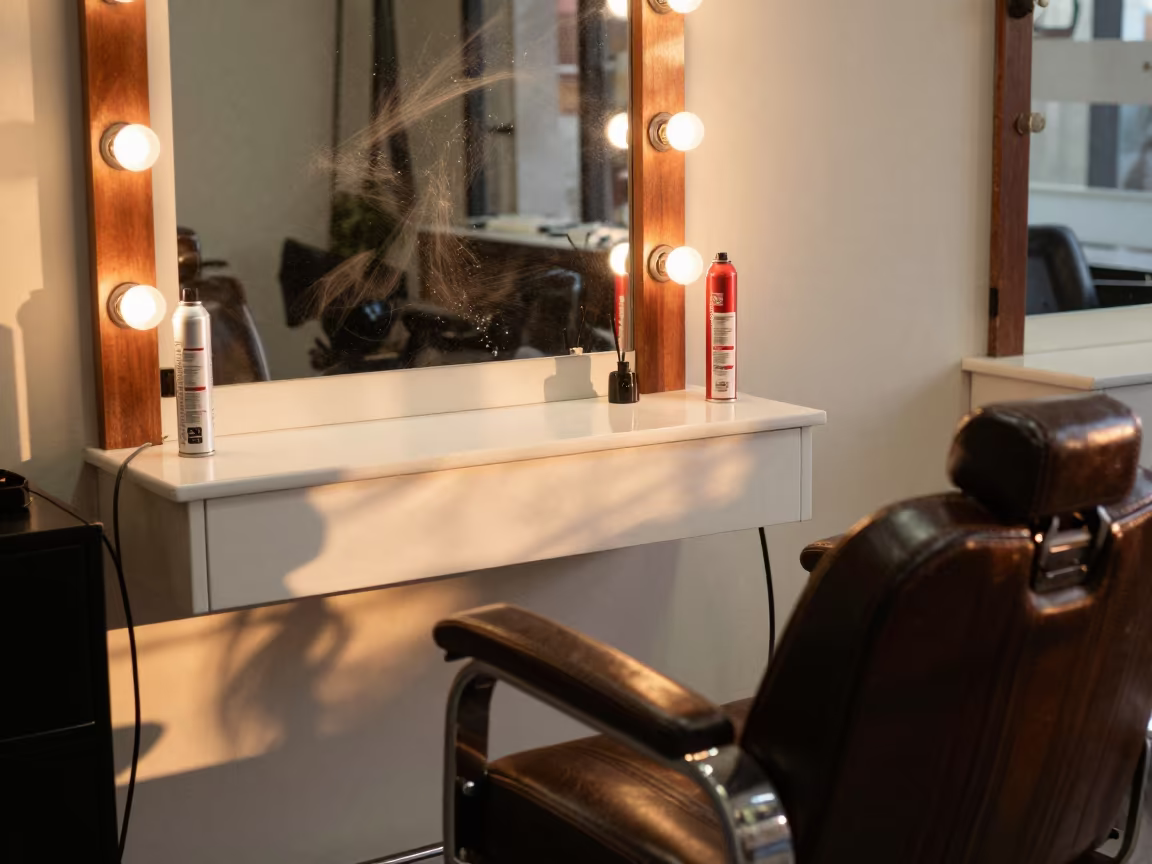 Hairspray Mirror Above Leather Chair in Barber Station in at a barber station beneath mirror bulbs near Van