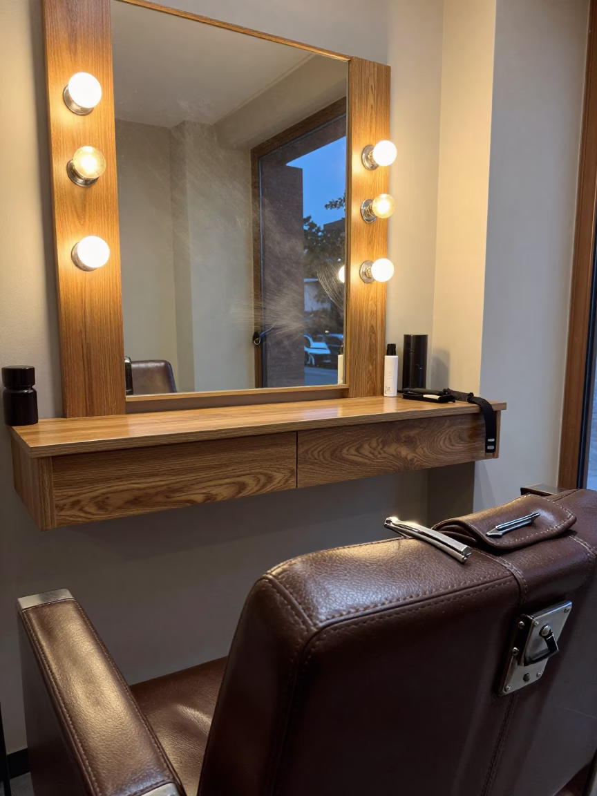 Hairspray Mirror Above Leather Chair Twilight in at a salon reception counter in Monza