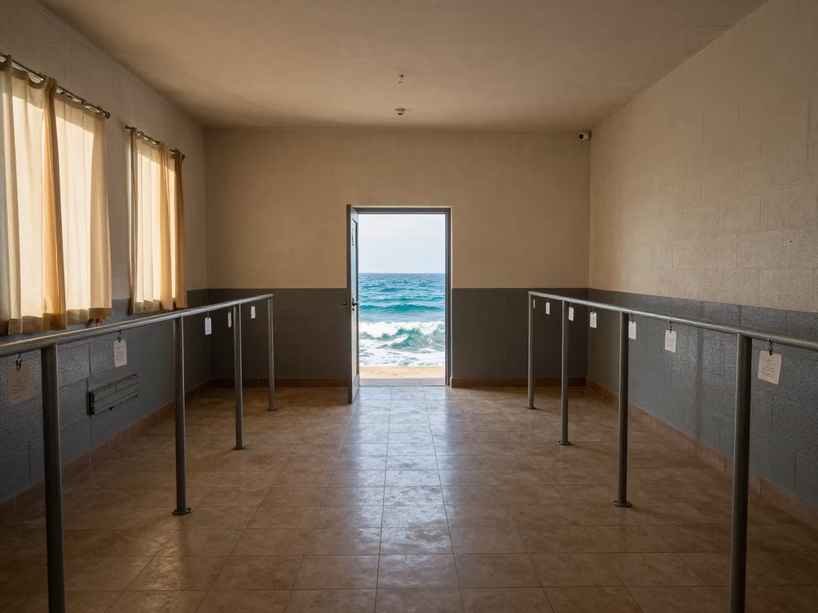 Haiti Barracks Bunk Tag Rail Ocean Doorway in inside a briefing room in Haiti
