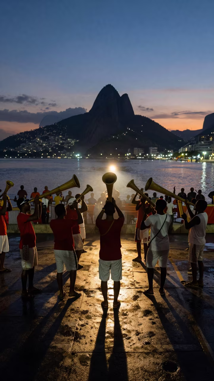 Haitian Rara Festival Bamboo Horns Rio Waterfront Night in at a waterfront celebration in Centro, Rio de Janeiro