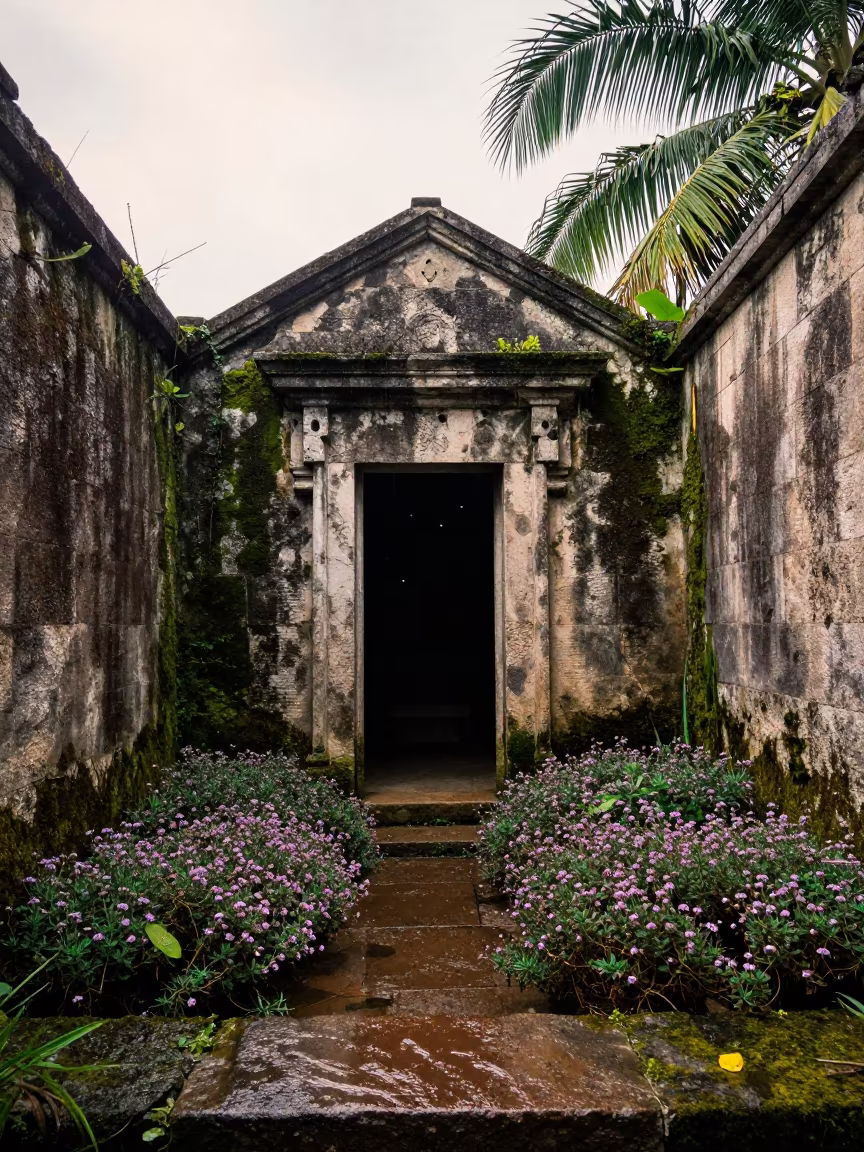 Haitian Ruin Crypt Door Open Amid Thyme in inside a roofless nave in Haiti