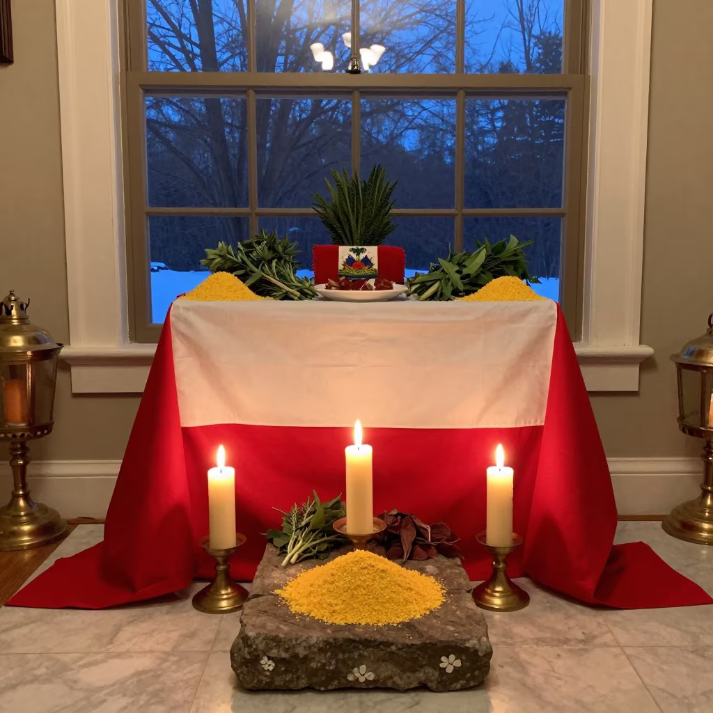 Haitian Vodou Altar Buffalo Winter Evening in at the foot of a stone altar in Buffalo