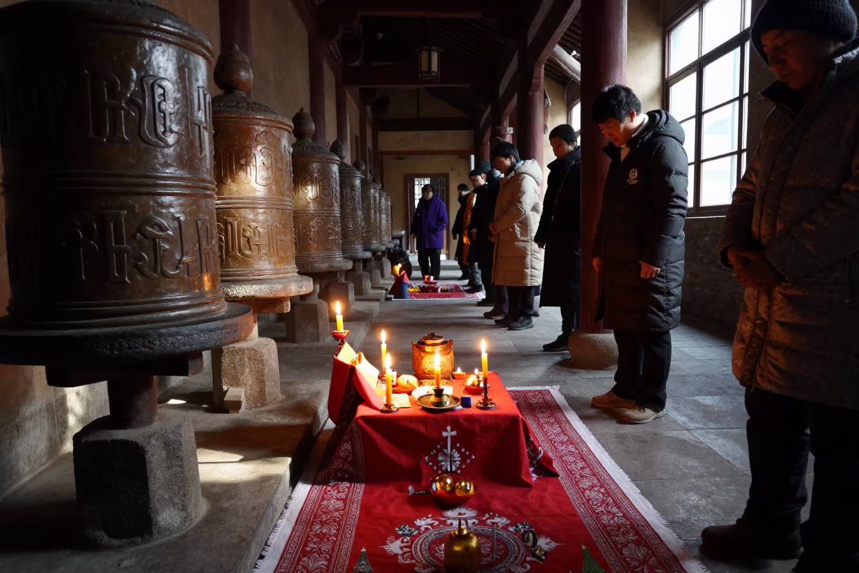Haitian Vodou Altar in Guiyang Winter Corridor in beside a prayer wheel corridor in Guiyang