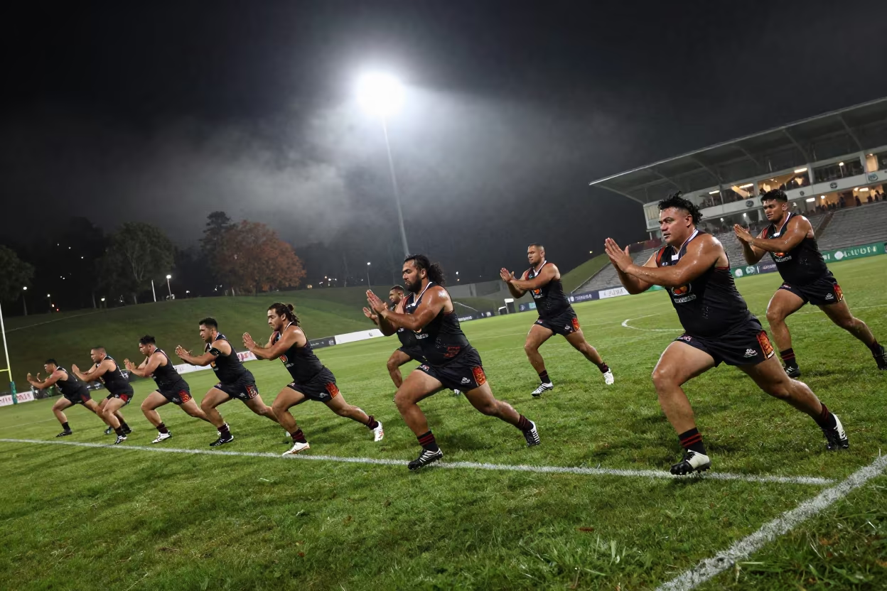 Haka Performers Stamp on Hillside Pitch Under Floodlights in on a hillside near Auckland