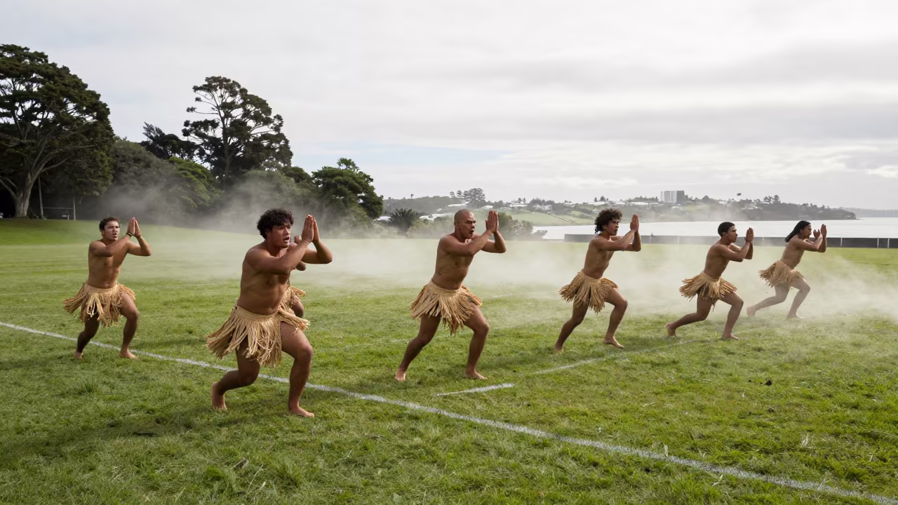 Haka Performers Stamp on Hillside Rugby Pitch at Dawn in on a hillside near Auckland