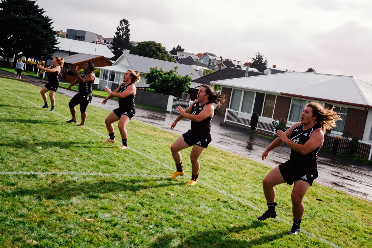 Haka Performers Stamp Rugby Pitch Wellington in in a village lane near Thorndon, Wellington