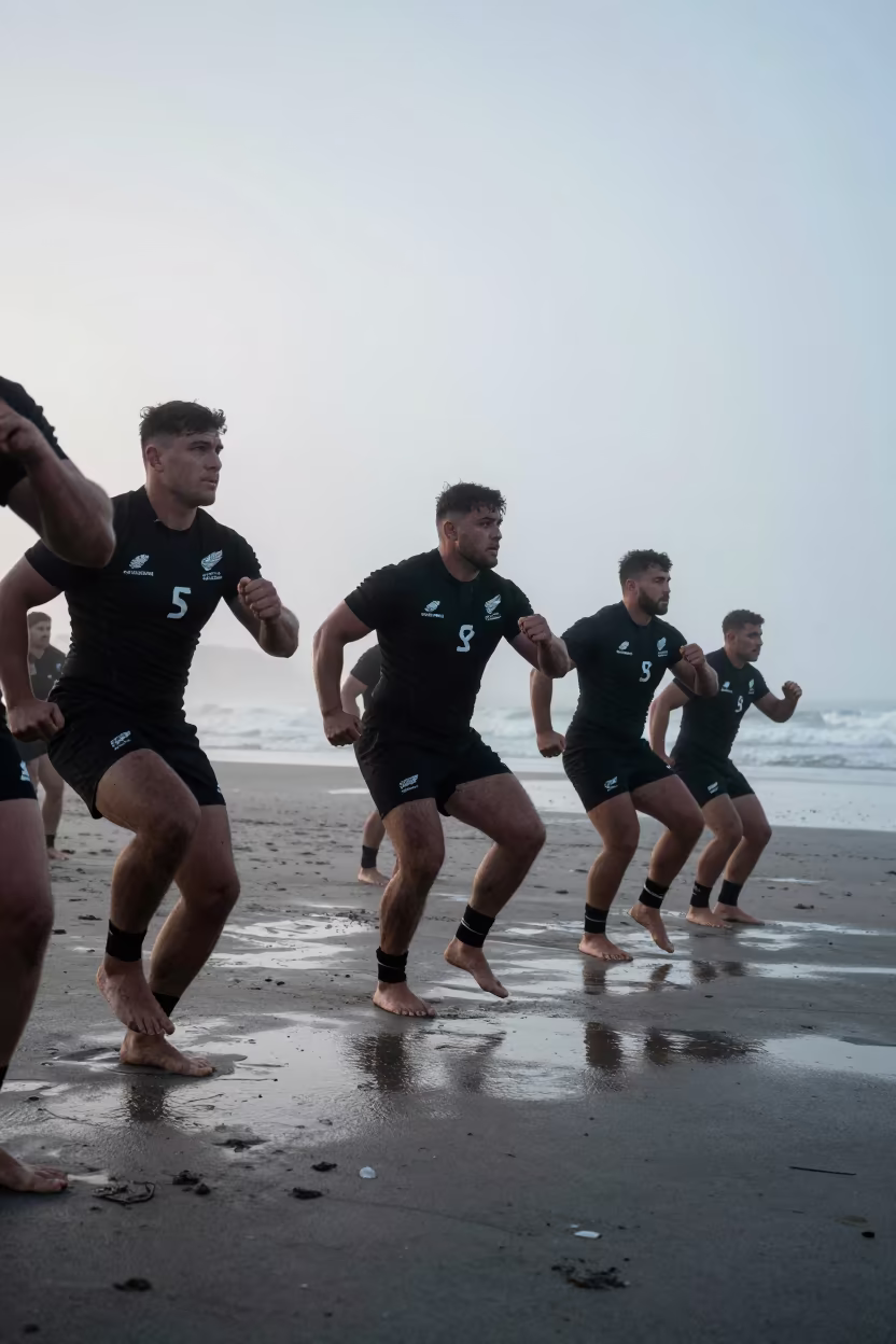 Haka Performers Stamping on Misty Beach Dawn in along a beach near Rotorua