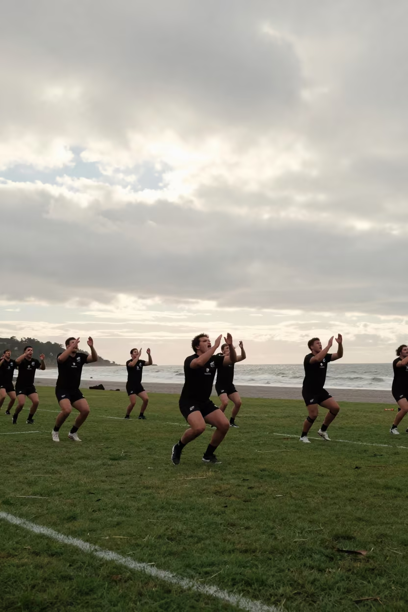 Haka Performers on Wellington Beach Rugby Pitch in along a beach near Wellington