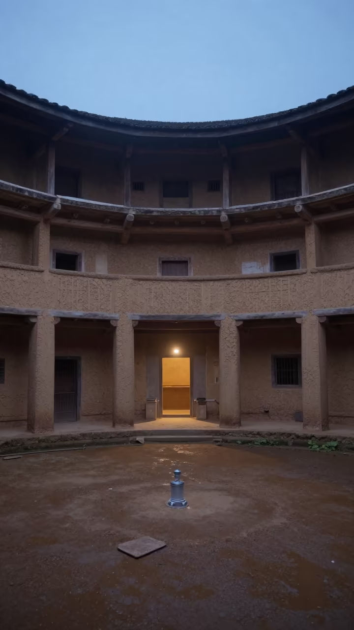 Hakka Earthen House Vaulted Atrium Evening Glow in inside a vaulted atrium in Tuni