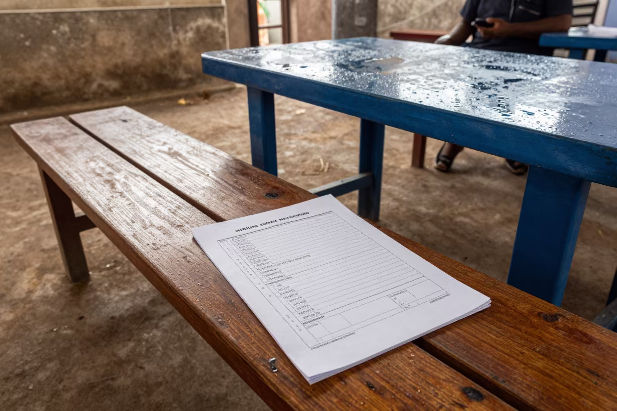 Half-filled Civic Form on Courthouse Bench at Dawn in inside a polling station gymnasium in Aurangabad