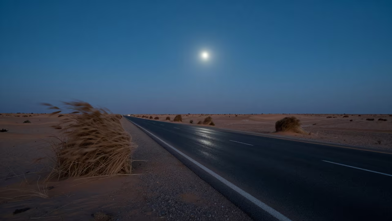 Half Moon Over Desert Highway Near Nouakchott in near Nouakchott