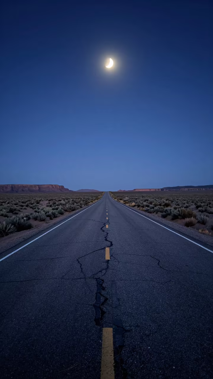 Half Moon Over Utah Desert Highway at Predawn in in Utah