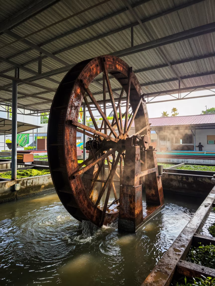 Half-Submerged Waterwheel in Ho Chi Minh Tea Hall in inside a tea-processing hall near Thao Dien, Ho Chi Minh City
