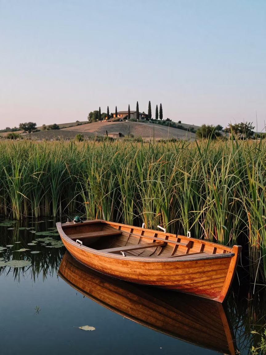 Half-Sunk Rowboat in Tuscan Pond at Dusk in in Tuscany