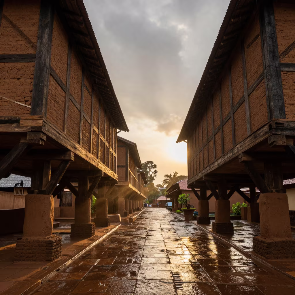 Half-Timbered Granary at Golden Hour in Ouagadougou in inside a skylit passageway in Ouagadougou
