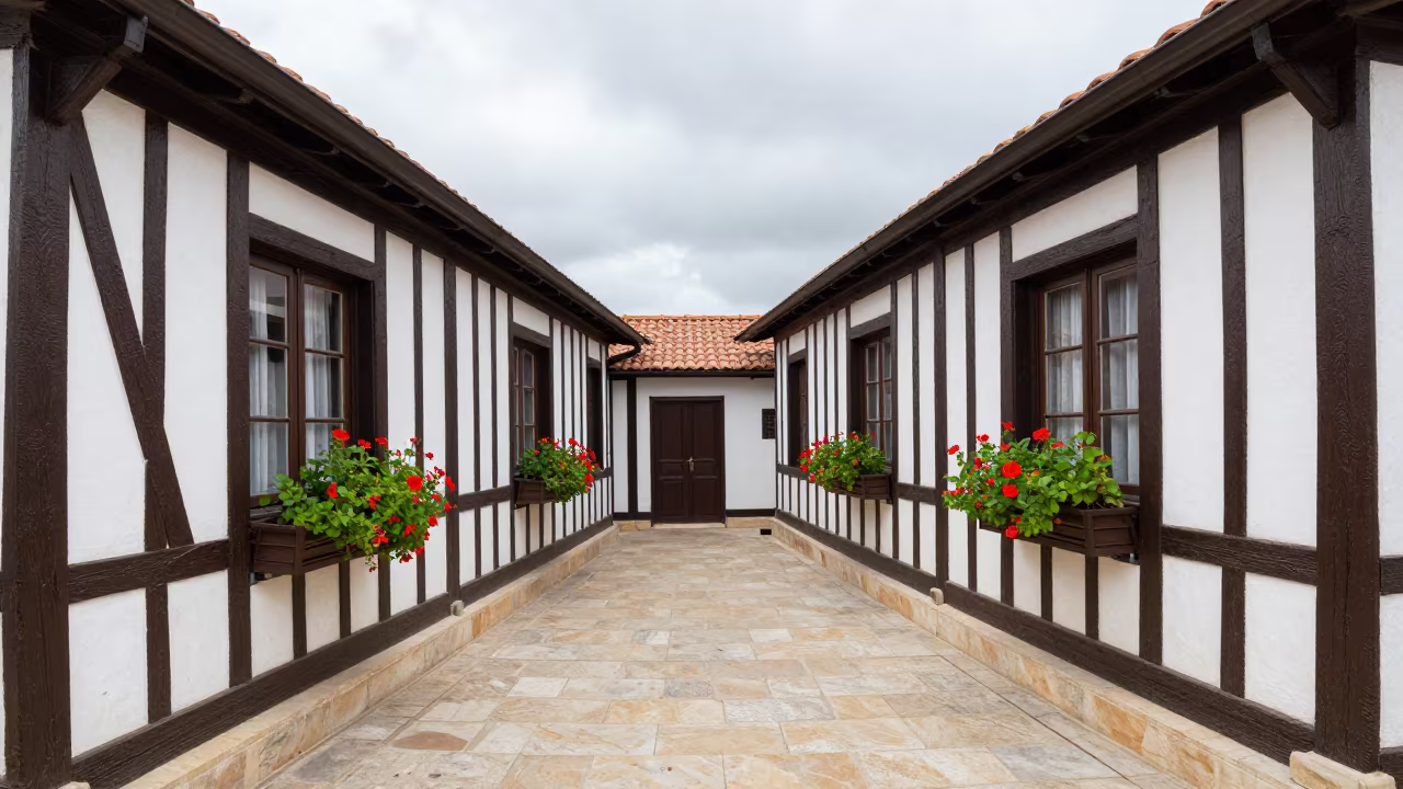 Half-Timbered House Flower Boxes Almadies Dakar in inside a skylit passageway in Almadies, Dakar