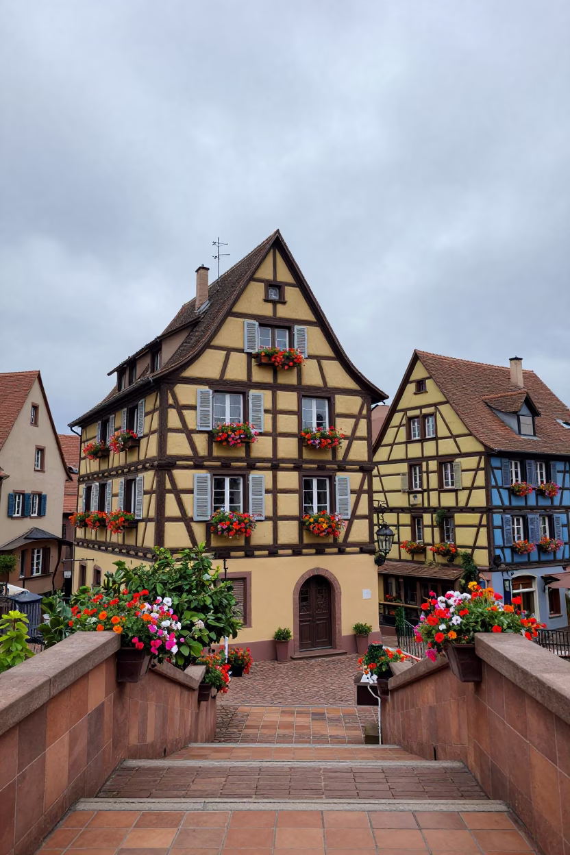 Half-timbered house with flower boxes in Alsace in inside a tiled stair hall in Juneau