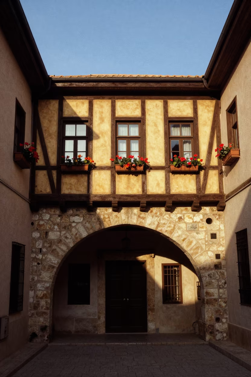 Half-Timbered House Flower Boxes Twilight in inside a vaulted atrium in Setif
