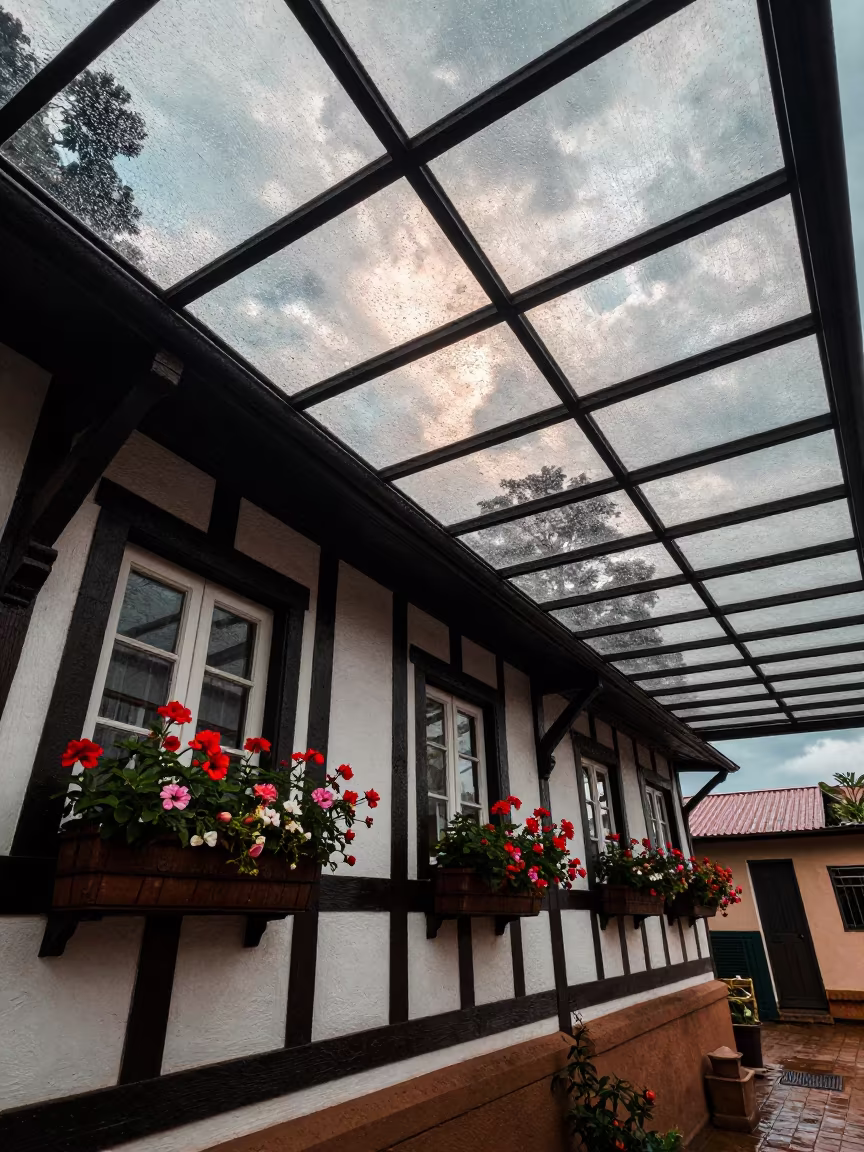 Half-Timbered House with Flowers in Ndola Arcade in inside a glass-roofed arcade in Ndola