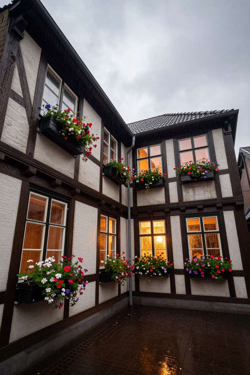 Half-Timbered House in Monsoon Sunset in inside a vaulted atrium in Aba