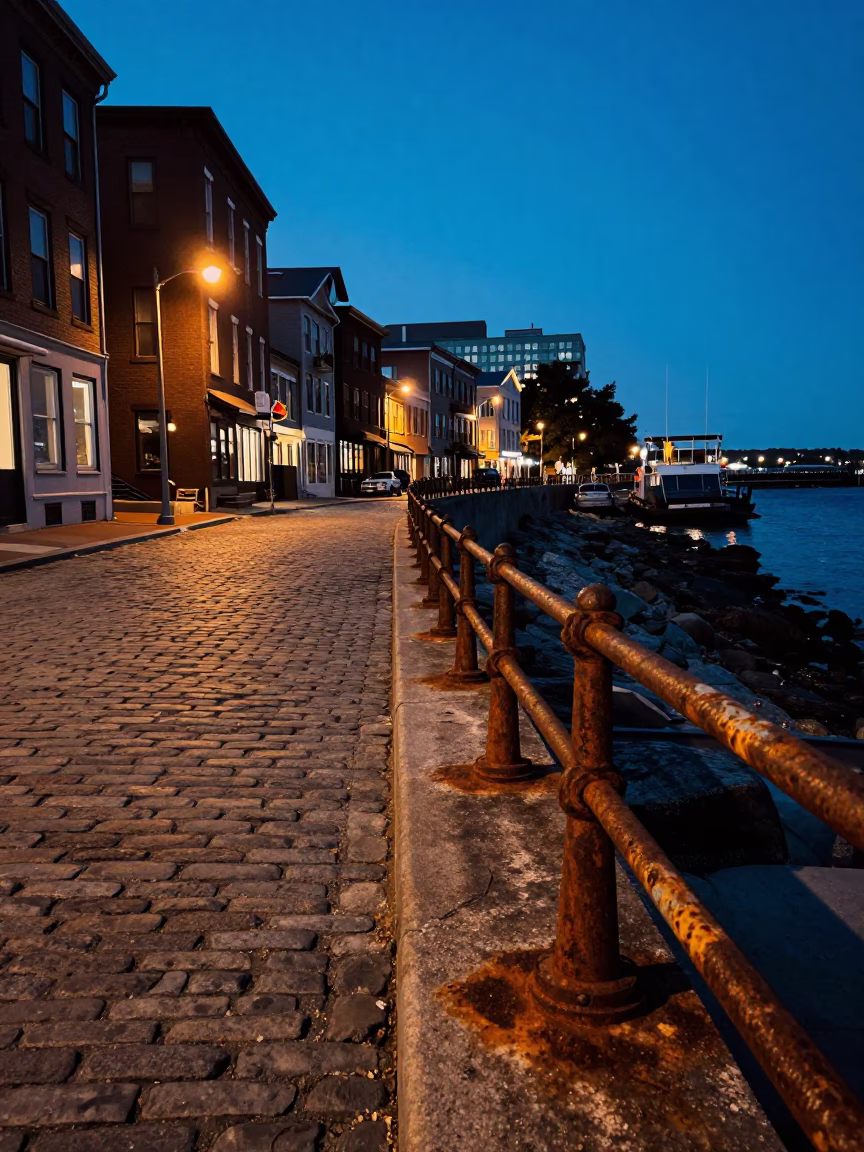 Halifax Blue Hour Street Scene with Rust Rail and Urban Evening Ambiance in in Halifax, Nova Scotia, Canada