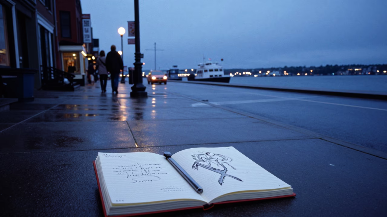 Halifax Blue Hour Street Scene with Sketchbook and Tuning Fork in in Halifax, Nova Scotia, Canada