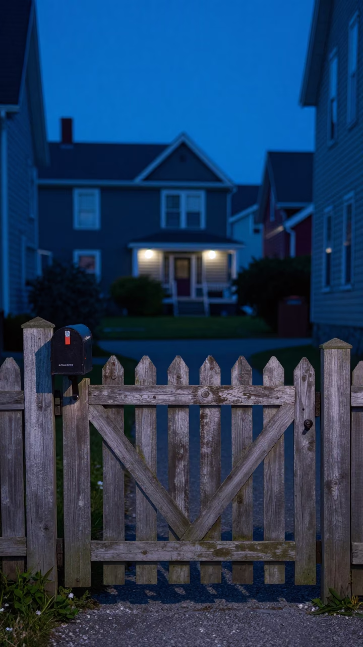 Halifax blue hour street scene with wooden gate and mailbox in in Halifax, Nova Scotia, Canada