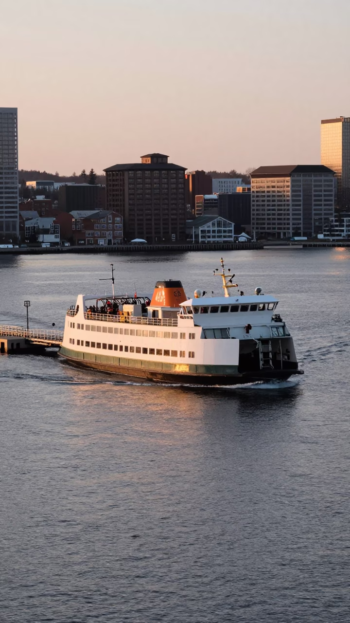 Halifax Chain Ferry Crossing at Sunrise with Urban Waterfront Backdrop in in Halifax, Nova Scotia, Canada