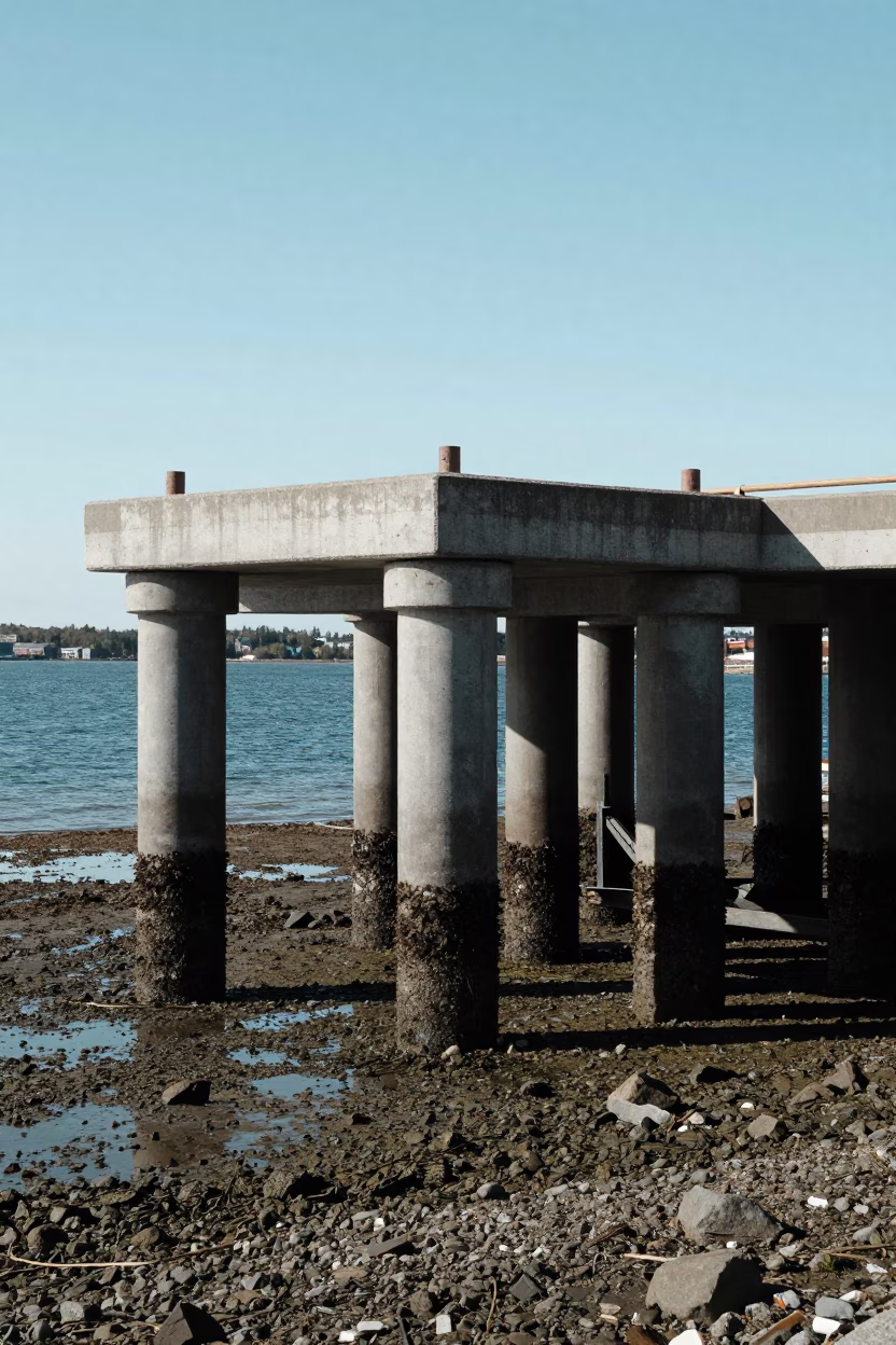 Halifax Concrete Pilings at The Flat Glare Of Noon Light in in Halifax, Nova Scotia, Canada