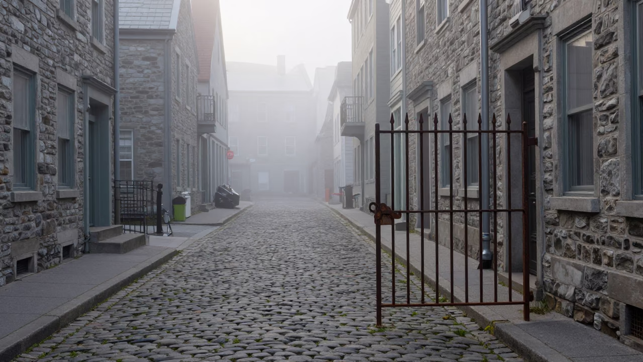 Halifax Dawn Mist Clings to Weathered Cobblestones and Iron Gates in in Halifax, Nova Scotia, Canada