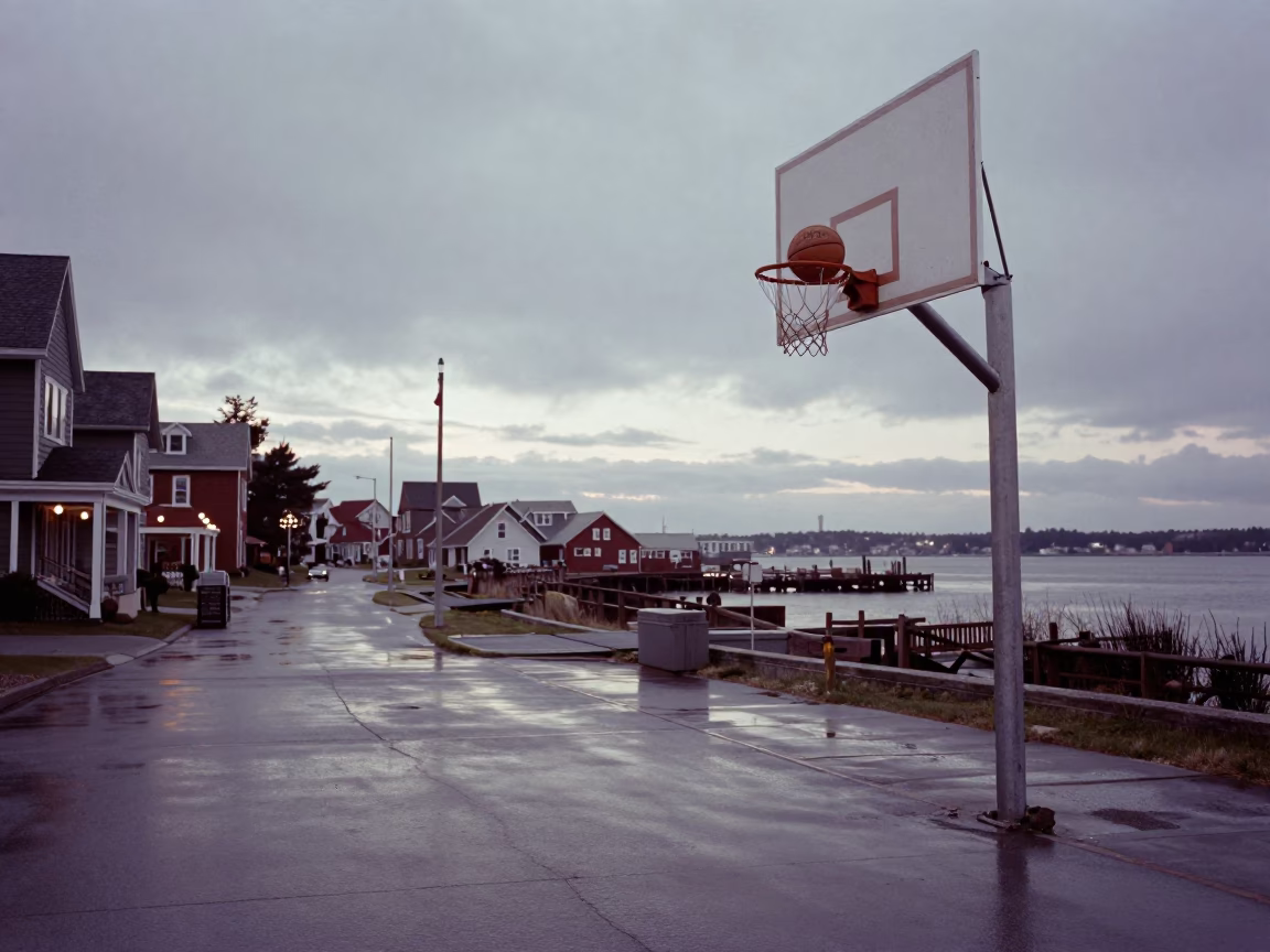 Halifax Dawn Street Photography with Vintage Basketball and Coastal Architecture in in Halifax, Nova Scotia, Canada