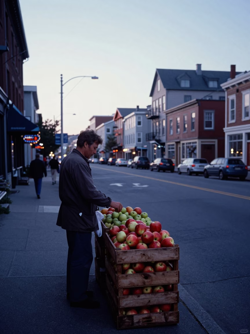 Halifax Dawn Street Scene with Fruit Crate and Spirit Level in in Halifax, Nova Scotia, Canada