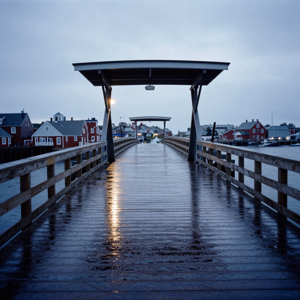 Halifax Drawbridge at Nautical Dawn with Rain-Slicked Deck and River Reflections in in Halifax, Nova Scotia, Canada