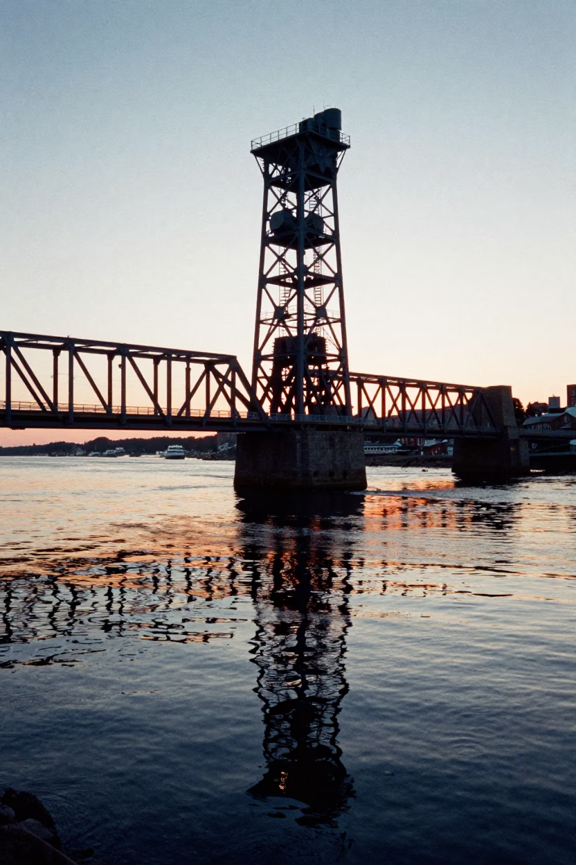 Halifax Drawbridge Counterweight Tower Reflected in Oil-Slick Harbor Water at Sunset in in Halifax, Nova Scotia, Canada