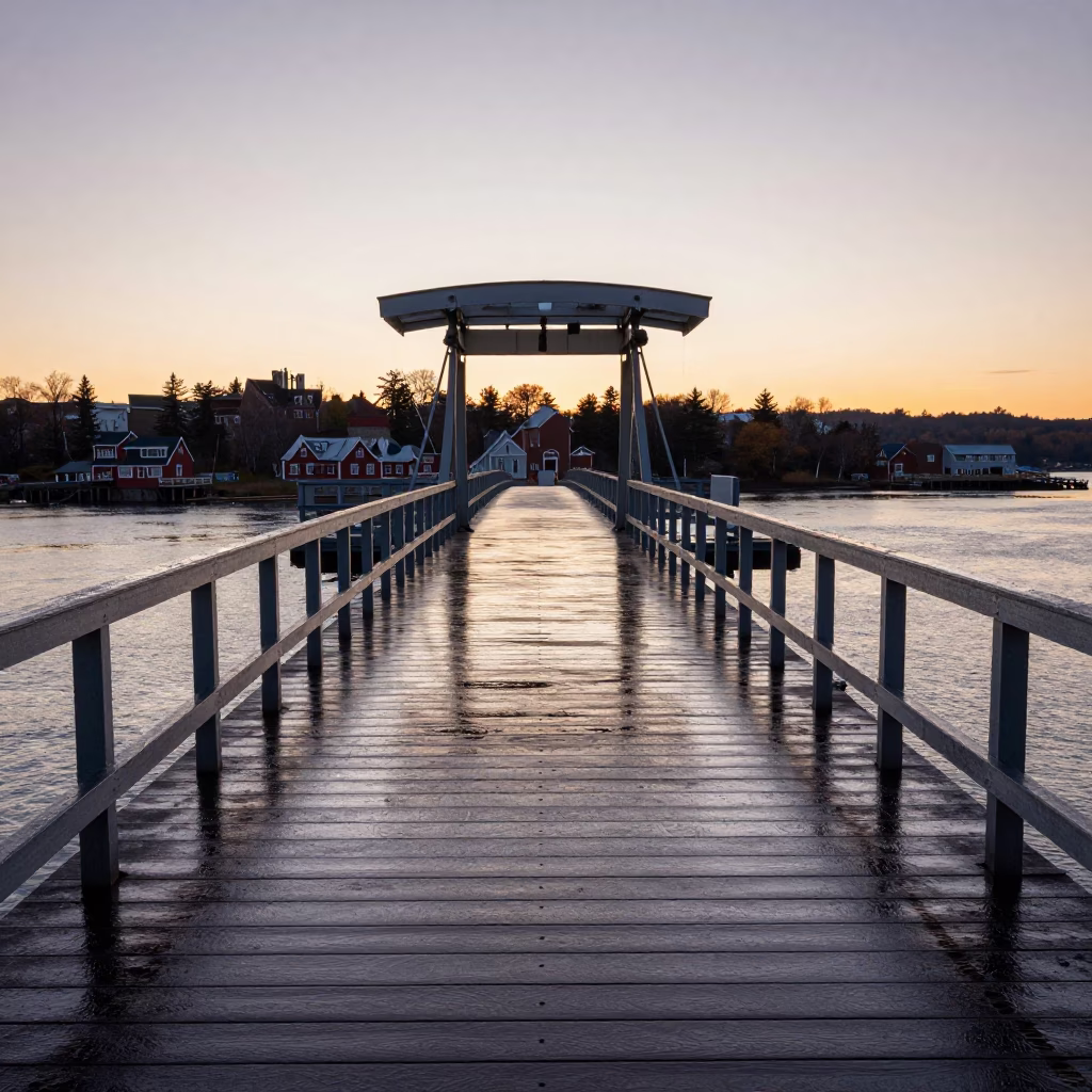 Halifax Drawbridge Deck at Dawn with River Light and Rain Reflections in Nova Scotia in in Halifax, Nova Scotia, Canada