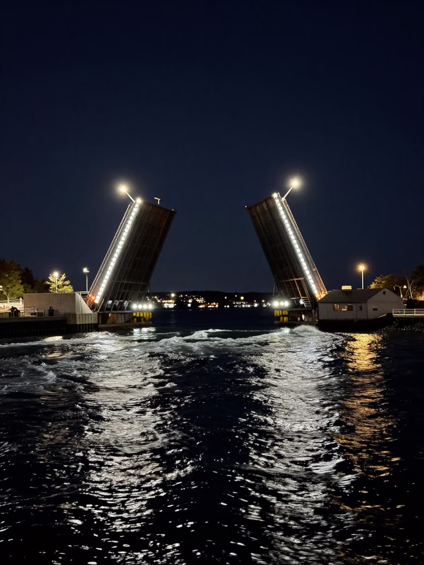 Halifax Drawbridge Lifting at Night with Tidal Water and Urban Reflections in in Halifax, Nova Scotia, Canada