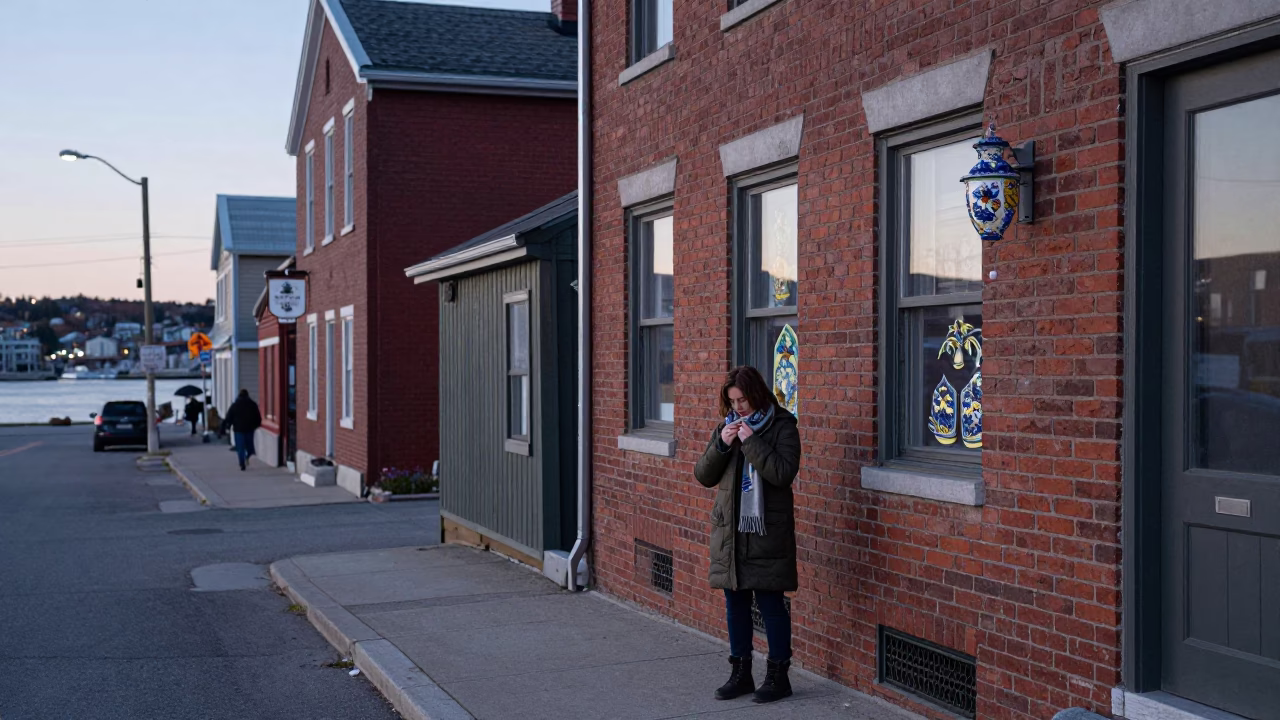 Halifax Early Evening Street Scene with Vintage Italian Majolica Plate and Snowshoe Cat in in Halifax, Nova Scotia, Canada