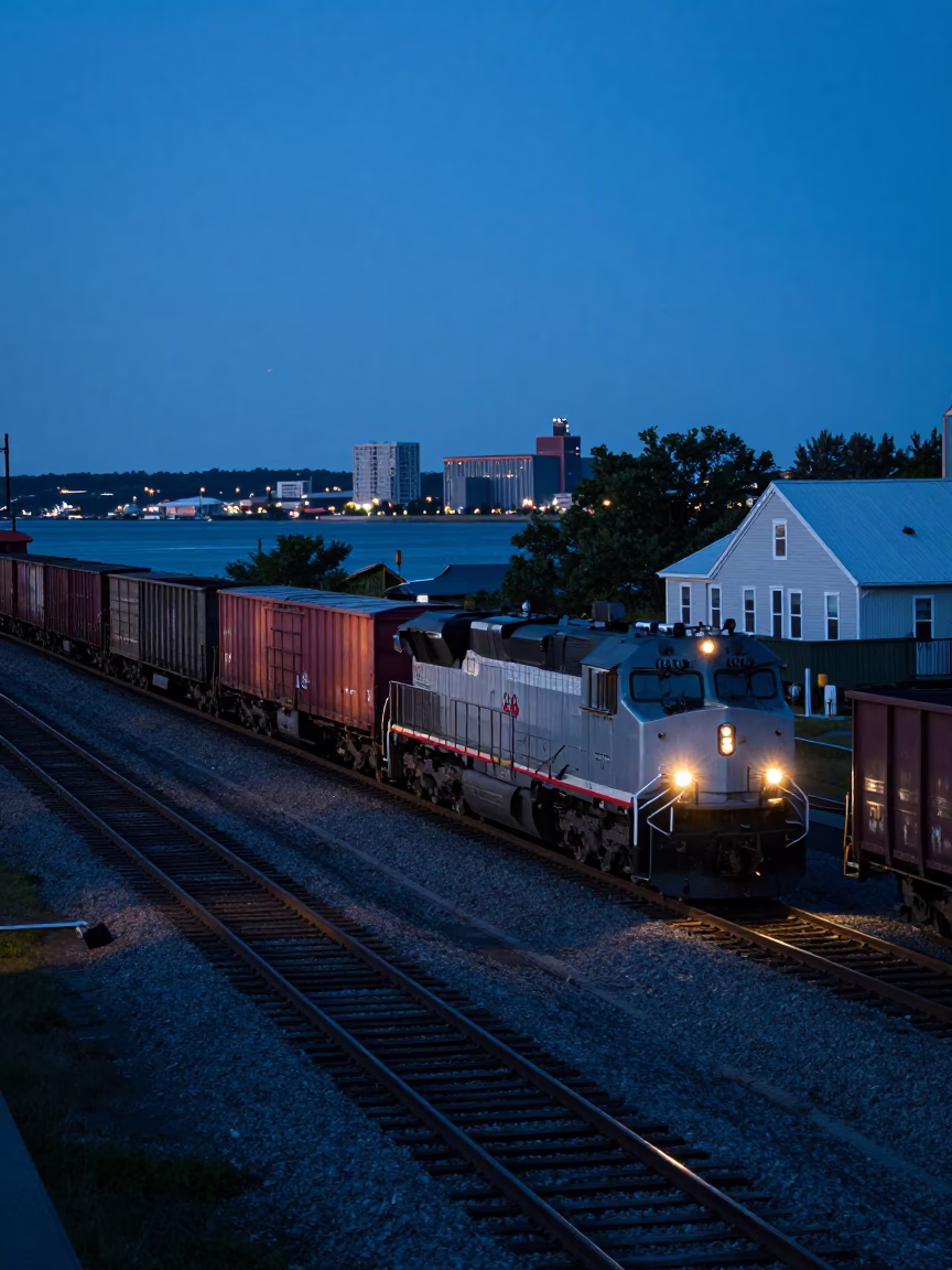 Halifax Evening Blue Hour Freight Train Passing Rail Yard with Vintage 1950s Street Scene in in Halifax, Nova Scotia, Canada