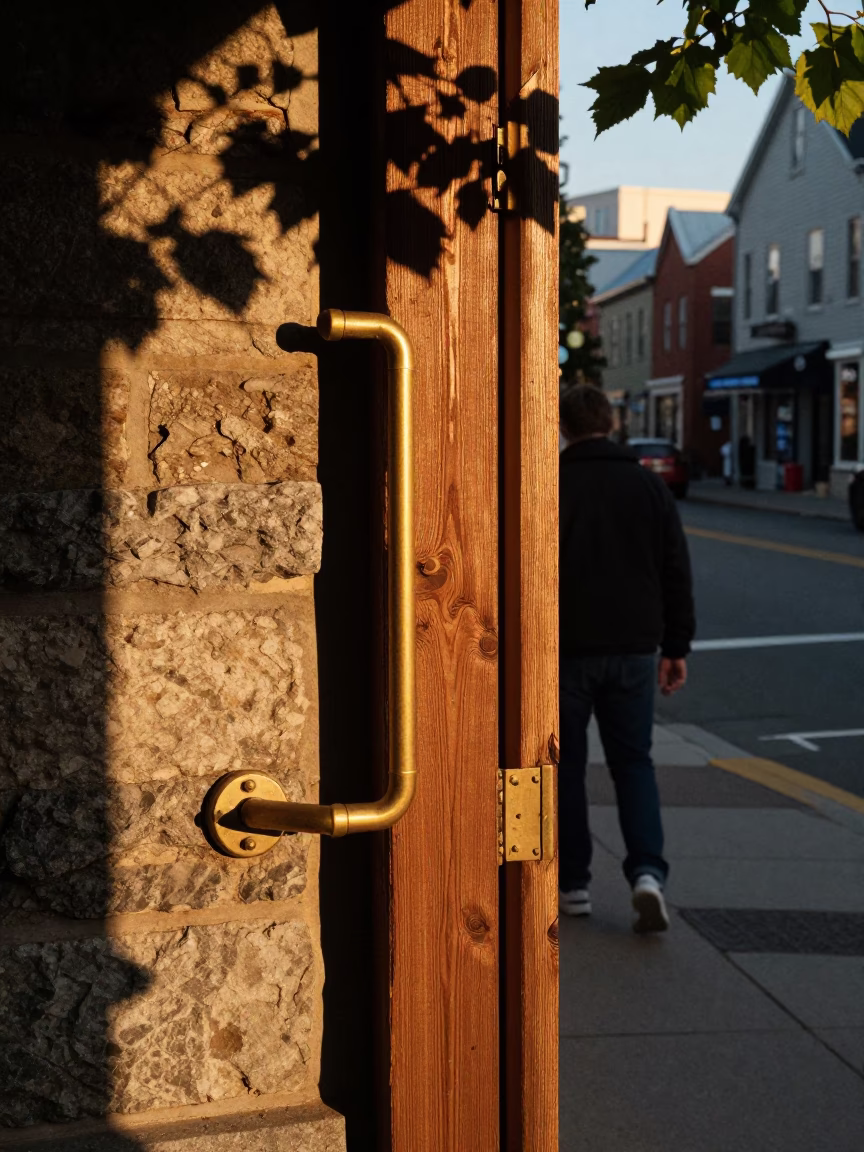 Halifax Evening Street Scene with Brass Hardware and Leaf Shadows in Honeyed Light in in Halifax, Nova Scotia, Canada
