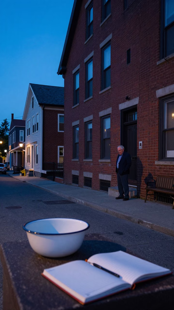 Halifax Evening Street Scene with Enamel Bowls and Notebook in Blue Light in in Halifax, Nova Scotia, Canada