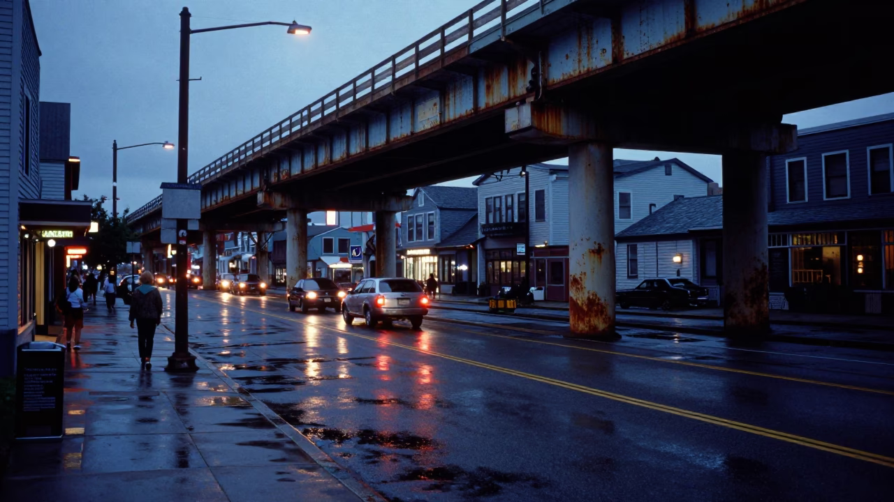 Halifax Evening Street Scene with Overpass Taillights and Rusty Cafe Table in in Halifax, Nova Scotia, Canada