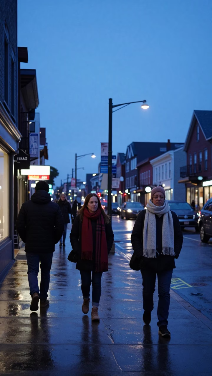 Halifax Evening Street Scene with Wool Scarves and Blue Light in in Halifax, Nova Scotia, Canada