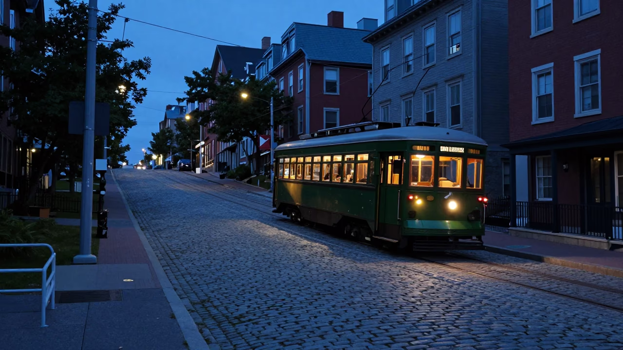 Halifax Evening Tram Descent Down Cobblestone Hill in Blue Light in in Halifax, Nova Scotia, Canada