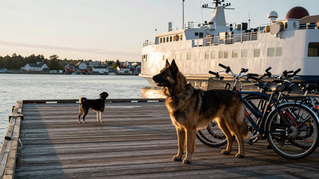 Halifax Ferry Dock Morning Light with Broholmer Dog and Passengers Loading Bicycles in in Halifax, Nova Scotia, Canada